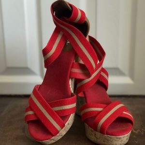 Red Striped Wedge Heels